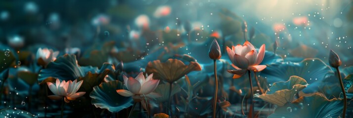 The image depicts a serene and mystical scene of delicate lotus flowers blooming in a tranquil garden bathed in a soft, ethereal mist. The image evokes feelings of peace, tranquility, and spiritual aw