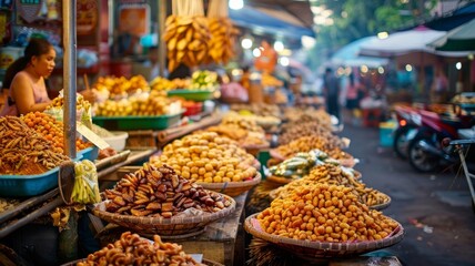 Fototapeta premium A bustling Asian market showcasing a colorful array of dried fruits, nuts, and other local delicacies, capturing the vibrant energy of street food culture.