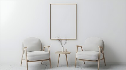 Modern cozy mock up and decoration furniture of living room and empty canvas frame on the white wall texture background, 3D rendering