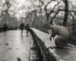 a squirrel is sitting on the edge of a bridge