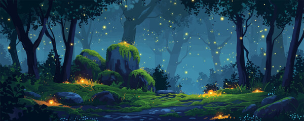 A forest scene with glowing fireflies and a rock in the foreground © Настя Шевчук