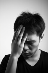 Fototapeta premium Portrait of young man isolated on isolated background suffering from severe headache. Pressing fingers to temples. Closing eyes to relieve pain