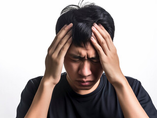 Fototapeta premium Portrait of young man isolated on isolated background suffering from severe headache. Pressing fingers to temples. Closing eyes to relieve pain