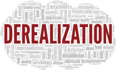 Derealization word cloud conceptual design isolated on white background.