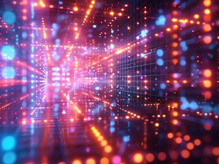 Obraz premium Futuristic 3D grid with neon musical highlights, creating a sense of depth and digital complexity