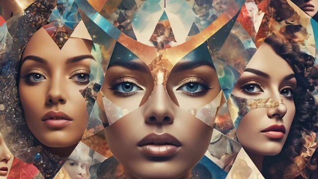 Abstract women faces collage in modern art design. Feminine abstraction poster in colorful pallette. Creative geometric female pattern. AI