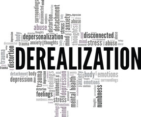 Derealization word cloud conceptual design isolated on white background.