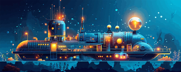 A futuristic train with a glowing engine and a glowing dome on top. The train is surrounded by a dark blue sky with stars and a few fish swimming in the background. Scene is one of wonder