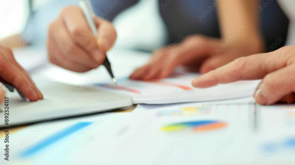 Poster Team collaborating on financial documents with charts and graphs in an office. Close-up of hands pointing and writing. Ideal for business strategy and teamwork concepts 