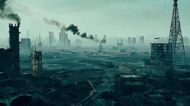 An abandoned street of a destroyed city with dilapidated buildings and rusty cars.
Concept: post-apocalyptic scenes for films and games