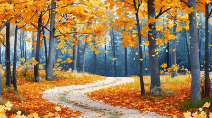 Obraz premium Golden forest path with fallen leaves, autumn forest path, serene nature walk in fall