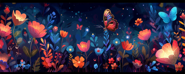 Dreamy celestial garden with glowing flowers, celestial bodies, and ethereal butterflies. Vector flat minimalistic isolated illustration. © Настя Шевчук
