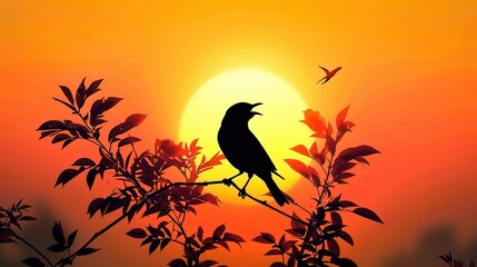 Fototapeta premium An animated image of a singing bird against the background of the rising sun. A beautiful bird sitting on a tree branch