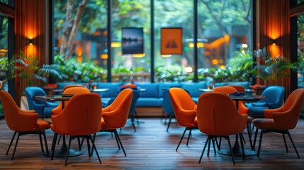 Modern Restaurant Interior with Orange and Blue Seating