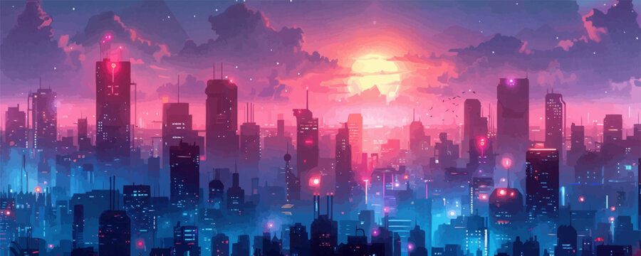 Futuristic cityscape with cyberpunk elements and technogravitational transportation. vector simple illustration