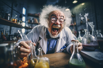 Fototapeta premium Eccentric laughing mad scientist with tousled hair in laboratory surrounded by test tubes, chemicals