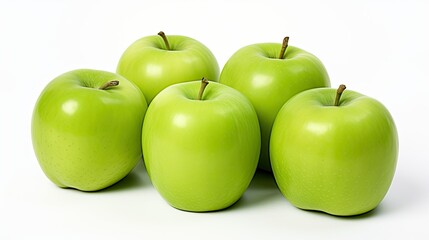 Five glossy green apples arranged on a white background. Perfect for food blogs, grocery stores, healthy eating promotions, and websites.