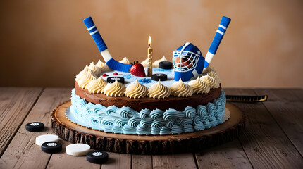 A vibrant and colorful birthday cake photography setup, tailored for an ice hockey enthusiast, featuring a majestic multi-tiered cake with fondant icing in shades of blue and white, generative ai