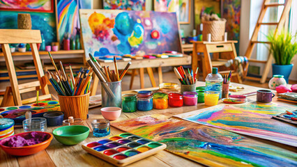 Vibrant art supplies scattered on tables and floor, paints, brushes, and canvases awaiting creative expression, promoting mental wellness and emotional balance through artistic therapy.