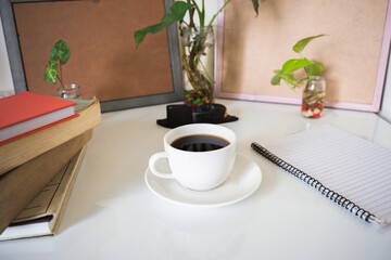 Office Setting with Cup of Coffee for Laptop Mockup, Coffee Mockup, Plants. Cafe Americano Working