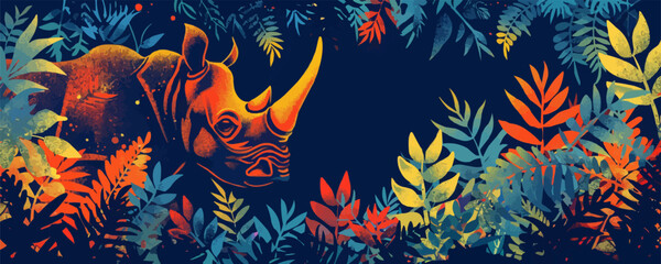 Muzzle of rhinoceros profile silhouette with leaves of tropical vegetation of exotic forests. The concept of protecting animals and forest environment. vector simple illustration © Настя Шевчук
