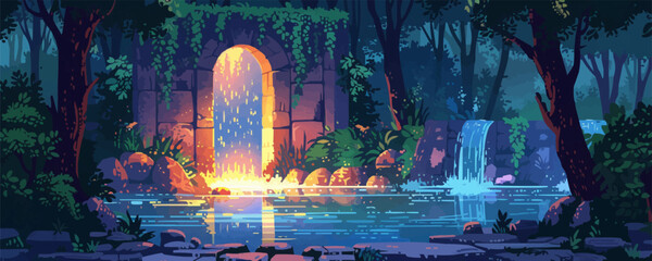 Enchanted forest clearing with a shimmering pool, ancient ruins, and a mystical portal. Vector flat minimalistic isolated illustration. © Настя Шевчук