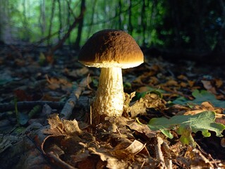 A beautiful undergrowth in the forest on a background of trees. An edible mushroom in the middle of the forest with proportional sizes. Backgrounds and natural textures with mushrooms.