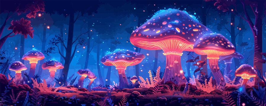 Whimsical mushroom circle hidden in the depths of the forest, with glowing fungi and magical energy. Vector flat minimalistic isolated illustration.