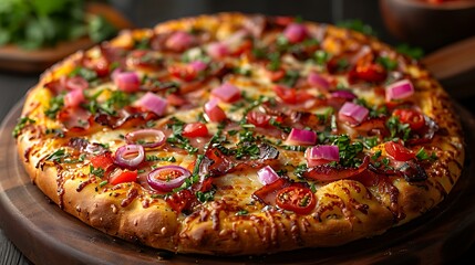 A delicious pizza with various toppings