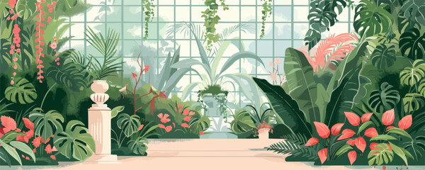 Enchanted garden conservatory filled with exotic plants, hanging vines, and whimsical sculptures. Vector flat minimalistic isolated illustration.