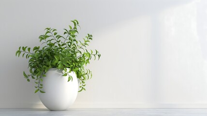  A unique  vase with vibrant green foliage, elegantly set on a table against a white wall background. 
