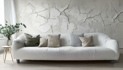 Modern Serenity: Sofa and Cracked Stucco Wall in Scandinavian Design