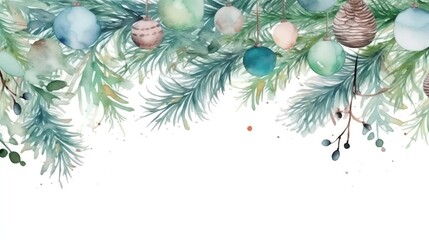 delicate watercolor background, on it are several branches of a Christmas tree with garlands and toys, on a white background with space for text