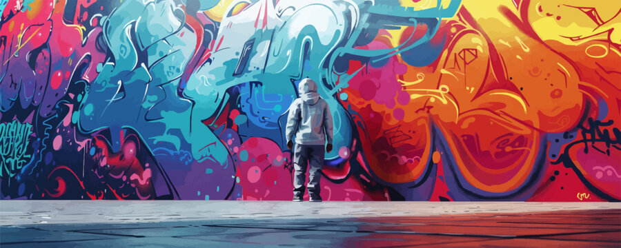 Fototapeta Cool graffiti artist. Illustration of an artist creating bright and expressive drawings on city walls. Vector flat minimalistic isolated illustration