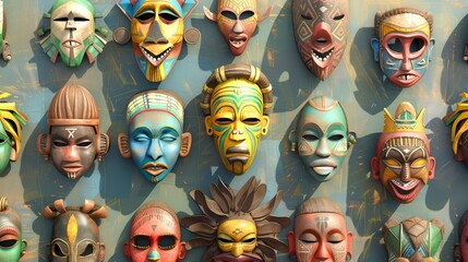 Animated image of African tribal masks. Masks hanging on the wall