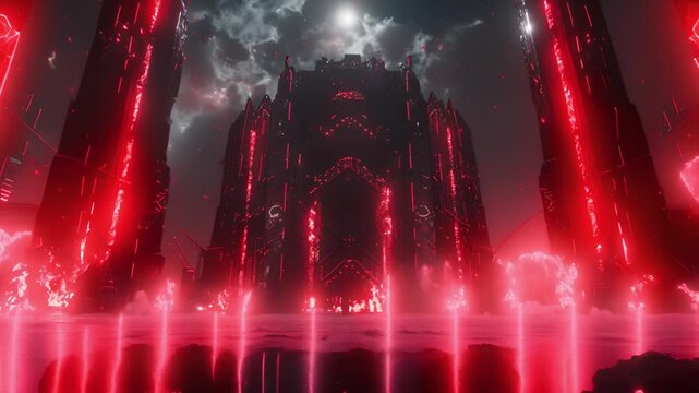 Futuristic Cityscape with Glowing Red Lights