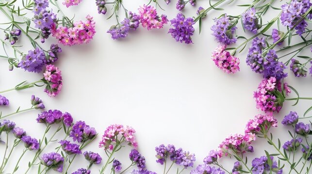 Pink and purple statice flowers arrangement on a white backdrop Flat lay floral display from above