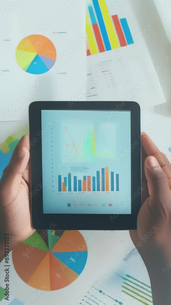 Poster person holding a tablet with various financial charts on the screen. surrounding documents with colo