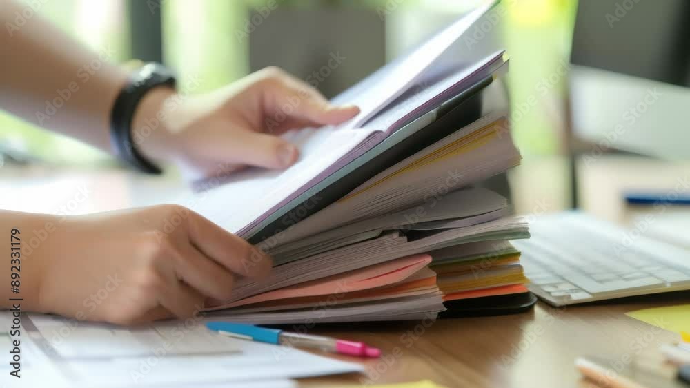 Aufkleber Person organizing a stack of colorful documents on a wooden desk. Modern office setting with focus on paperwork and productivity. Ideal for concepts of organization and administrative tasks 