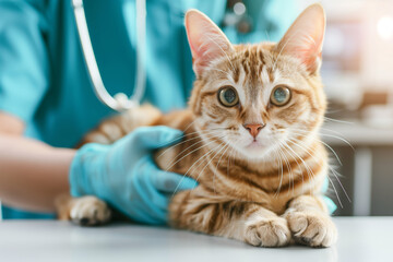 Naklejka premium A veterinarian examines a cute tabby cat in a clinic environment, showcasing the bond between pets and their caregivers.