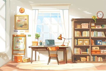 A cartoon illustration of a home study room with a desk, laptop, bookshelf, and window. Children's Book Illustration