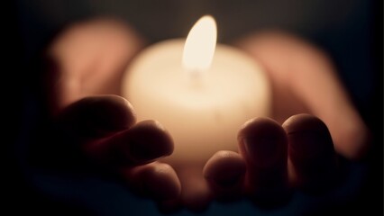 Portrait of the girl with a candle in hands. The spirituality face . Mood of sacrament and...