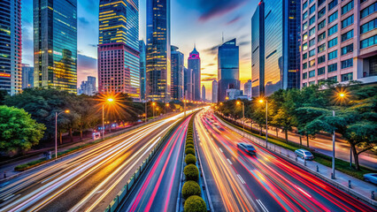 Obraz premium Vibrant cityscape at dusk with blurred headlights of speeding cars tracing paths on busy streets, showcasing urban rhythmic flow and dynamic metropolitan pulse.
