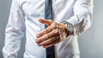 Fototapeta premium A close-up shot of a confident outstretched hand with a crisp white shirt cuff, adorned with a elegant silver watch, extending for a professional handshake.