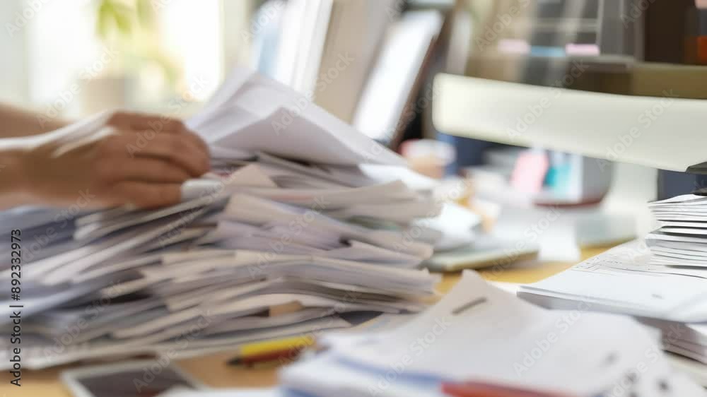 Aufkleber Person sorting through a large pile of paperwork on a cluttered desk. Office environment with a focus on organization and productivity. Ideal for concepts of workload and administrative tasks 