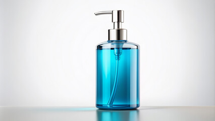 Fototapeta premium Clear plastic dispenser bottle filled with bright blue translucent liquid soap, accentuated by a sleek silver pump and modern design elements on a white background.
