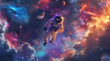 
Astronaut floating in space among colorful planets and distant galaxies. A spacecraft with solar panels hovers nearby, and vibrant nebulae provide a dramatic cosmic backdrop