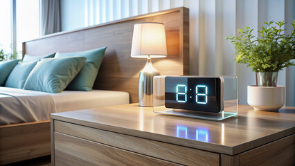 Modern digital alarm clock with bright LED display sits atop a sleek glass-top bedside table, exuding a futuristic and minimalist aesthetic in a serene morning atmosphere.