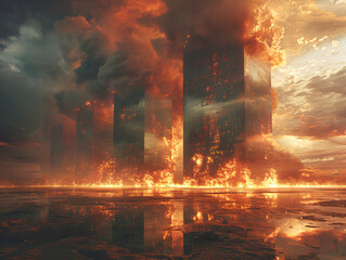 a large floating city with flames and smoke emanating from it, set against a dramatic sky.