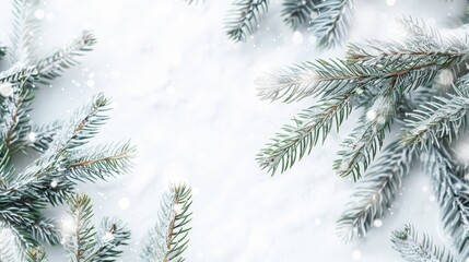 Obraz premium Beautiful Light Background Image for Invitation or Postcard on New Year's Theme with Snow-Covered Spruce Branches and Pristine Snowy Surface